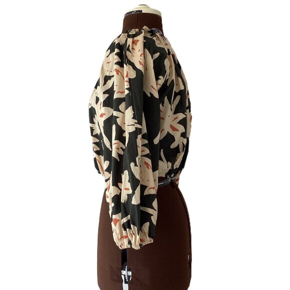 Zara Olive and Yellow Floral Crop Top with Puffed Sleeves - Picture 2 of 6